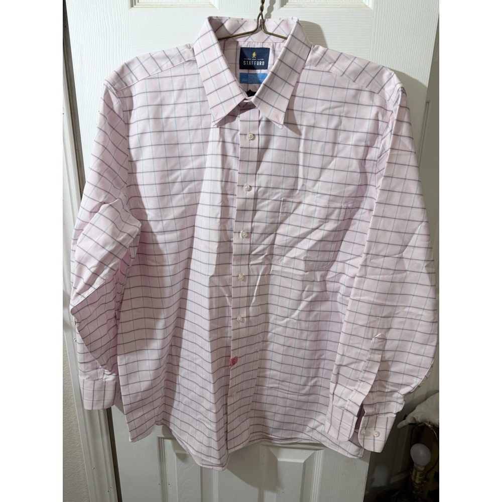 Stafford Mens Button Up Shirt Long Sleeve Slim Fit Window Pane Pink XL 17-17.5